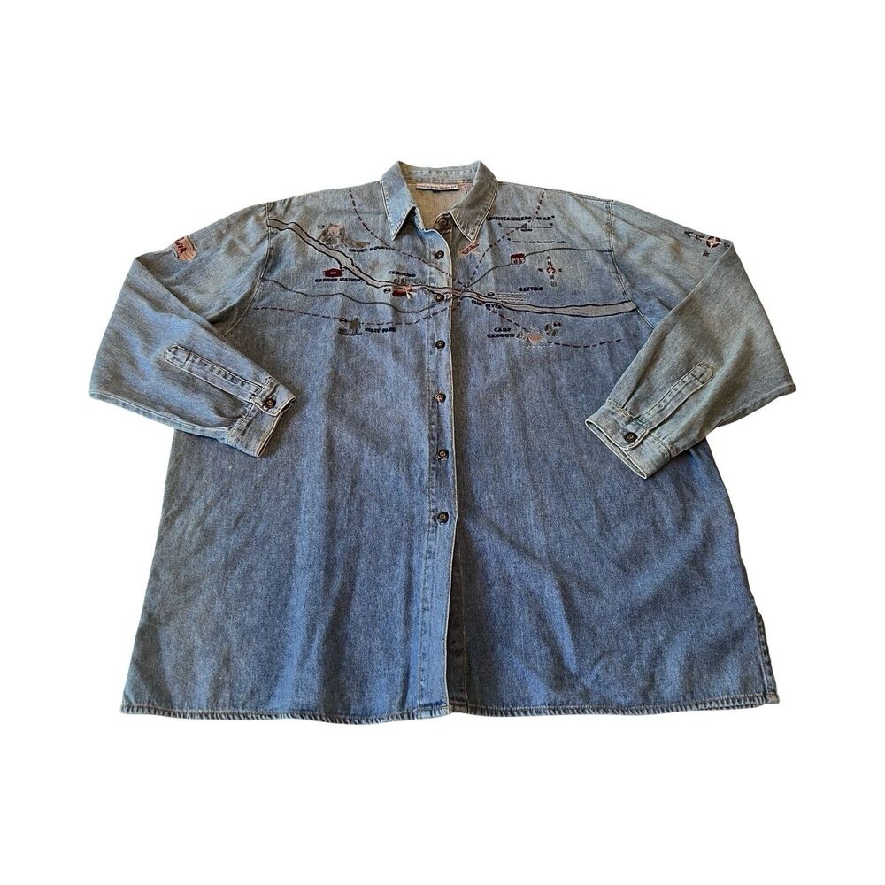 Northern Isles II Womens Denim Blue Embroidered Map Shirt 16W F97-052001 Vintage